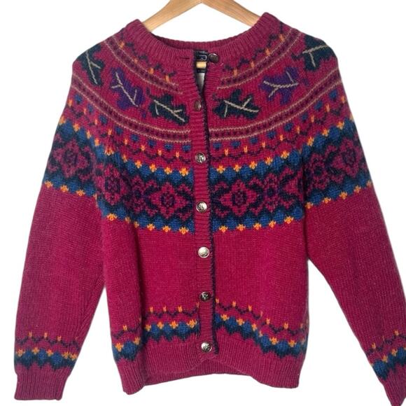 Woolrich Sweaters - Vintage Woolrich Wool & Mohair Cardigan Sweater Size Medium Fair Isle Berry Pink